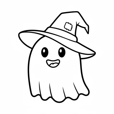 A cute round ghost wearing a witch hat instead of nothing, two round eyes coloring page