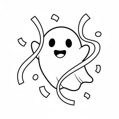 A cute round ghost with a party streamer and confetti around it, two dot eyes coloring page