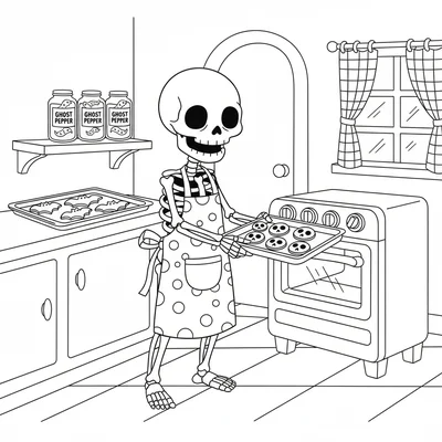 A cute skeleton baker pulling a tray of skull-shaped cookies from an oven coloring page