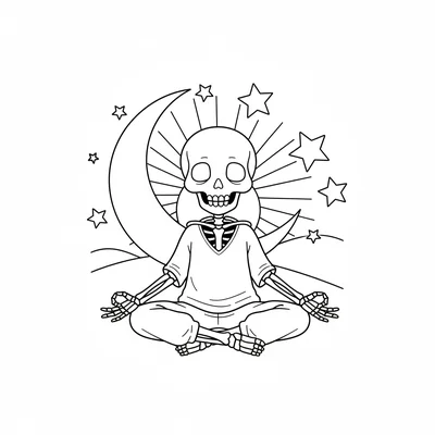 A cute skeleton doing yoga, a skeleton in a cross-legged meditation pose, hands coloring page