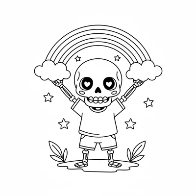 A cute skeleton holding a rainbow, a cartoon skeleton standing with arms coloring page