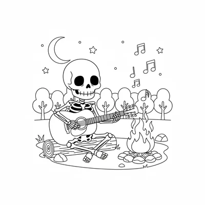 A cute skeleton playing an acoustic guitar by a campfire, the skeleton sitting coloring page