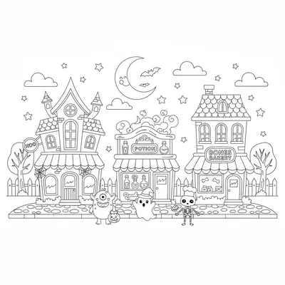 A cute tiny Halloween town street at night with three miniature buildings coloring page