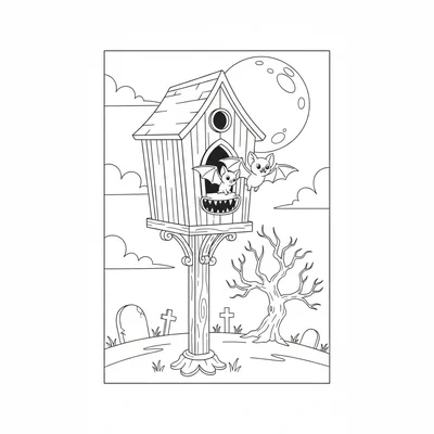 A cute vampire bat house on a pole, a rectangular bat house with an arched coloring page