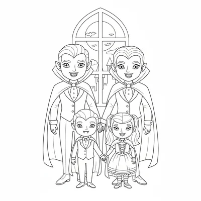 A cute vampire family portrait, two adult vampires with capes and two small coloring page