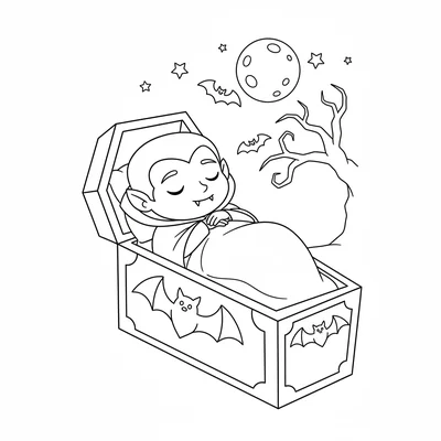 A cute vampire sleeping in an open coffin, a cartoonish vampire figure coloring page