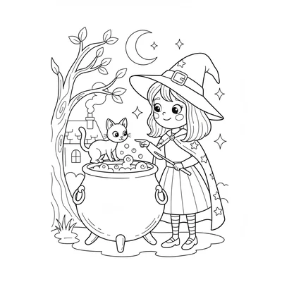 A cute witch and familiar, a small witch standing beside her cauldron looking coloring page