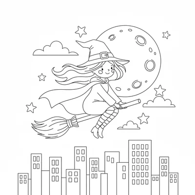 A cute witch flying on her broomstick at nighttime, a witch seated coloring page