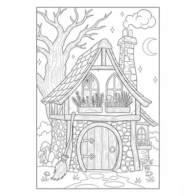 A cute witch's cottage exterior with a round door, crooked chimney, cobweb coloring page