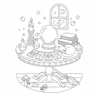 A cute witch's workspace, a round table with a crystal ball in the center coloring page
