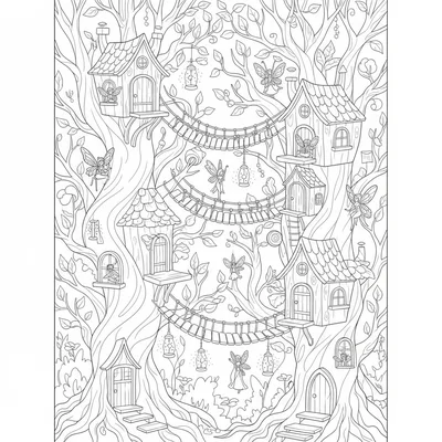 A dark whimsy forest fairy village with tiny treehouse homes built into coloring page