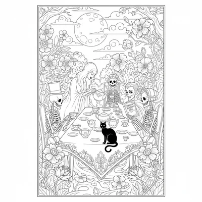 A dark whimsy tea party scene in an enchanted garden at midnight, a long table coloring page