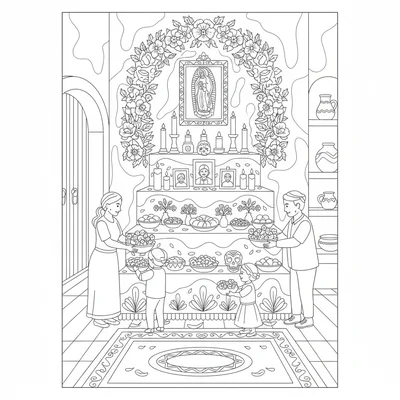 A Day of the Dead altar room in a Mexican home with a large three-tiered altar coloring page