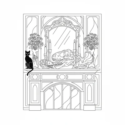 A fossil dino skull collection displayed on a gothic mantelpiece, three differe… coloring page
