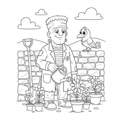 A friendly Frankenstein monster gardening, a cartoon Frankenstein figure coloring page