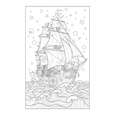 A friendly ghost ship at sea, a tall sailing ship at night with tattered sails coloring page