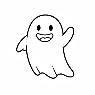 A friendly ghost waving one arm-wing stub in a wave gesture, with two dot eyes coloring page