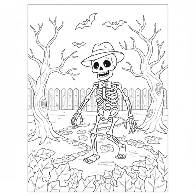 A friendly skeleton walking through an autumn park, a cartoon skeleton coloring page