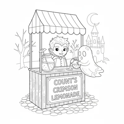 A friendly vampire child at a lemonade stand, but the lemonade is dark purple coloring page