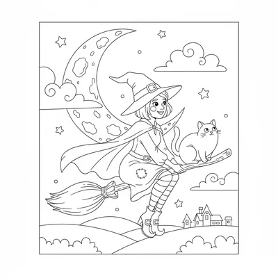 A friendly witch riding her broomstick, a simple side-view of a witch figure coloring page
