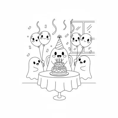 A ghost birthday party scene, three friendly ghosts around a table coloring page