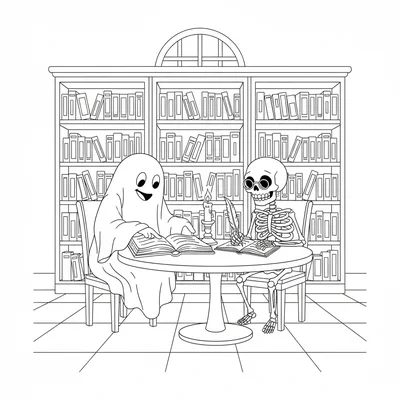 A ghost helping a skeleton study at a library table, two figures at a round coloring page