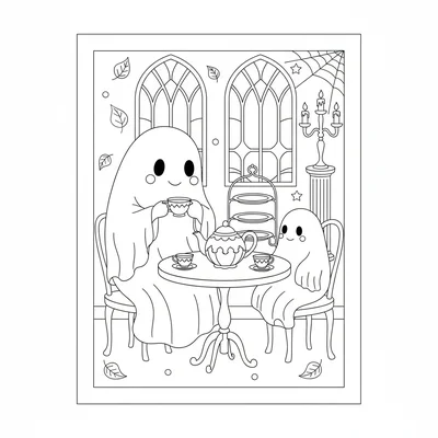 A ghost hosting a tea party at a small round table, tea set in place coloring page