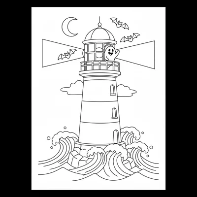 A ghost lighthouse, a simple lighthouse with a round top light room, a ghost coloring page