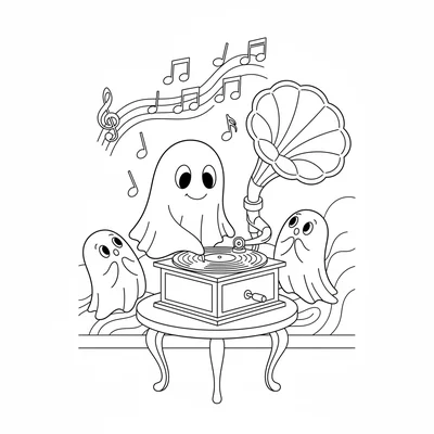 A ghost operating a record player, a ghost in front of a vintage coloring page