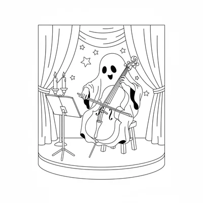 A ghost playing a cello on a stage, a sheet-ghost seated on a simple stool coloring page