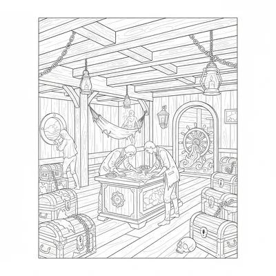 A ghost ship interior with a low-beamed cabin room, treasure chests stacked coloring page