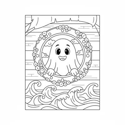 A ghost ship porthole window with a friendly cartoon ghost looking out coloring page