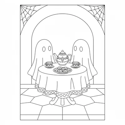 A ghost tea party on a round table, two sheet-ghosts seated at the table facing coloring page