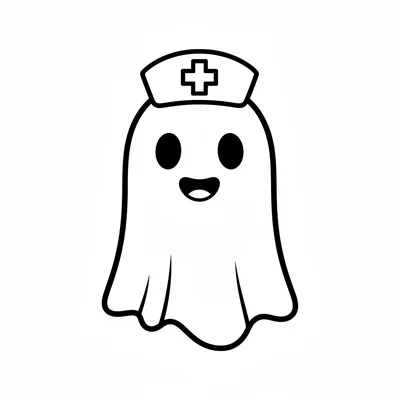 A simple ghost wearing a nurse or doctor hat, a white cross on a cap on its coloring page