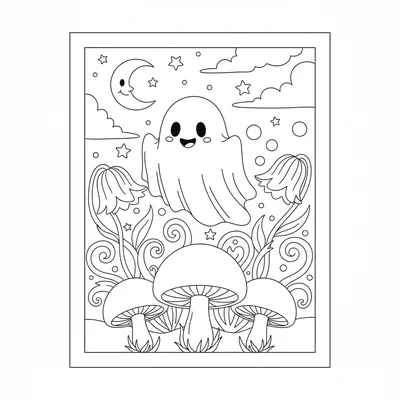 A ghostly garden scene with three round-topped white toadstools in a row coloring page
