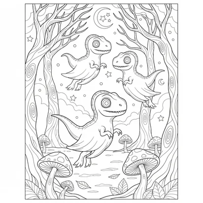 A ghostly Velociraptor trio floating through a twisted fore… coloring page