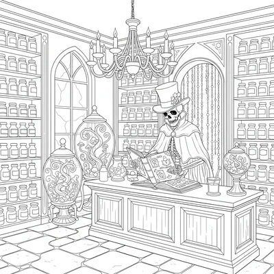 A gothic apothecary shop with shelves from floor to ceiling holding small coloring page