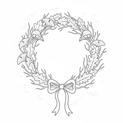 A gothic autumn leaf wreath, a circular wreath of dark skeletal leaf shapes coloring page