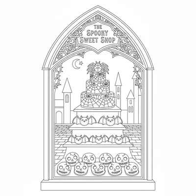 A gothic bakery window display, a large shop window showing three tiers coloring page