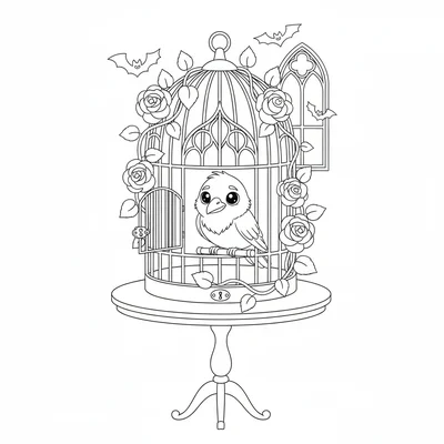 A gothic bird cage on a table, a round top cage with vertical bars and a small coloring page