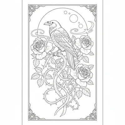 A gothic botanical arrangement with three large dark roses, trailing thorny coloring page
