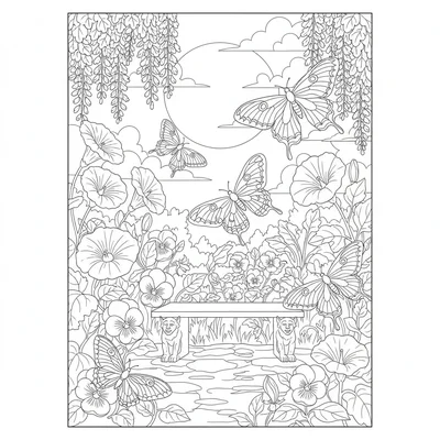 A gothic butterfly garden at night with night-blooming dark flowers, dark coloring page