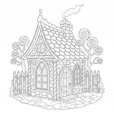 A gothic candy cottage in the style of a fairy tale, a small stone cottage coloring page