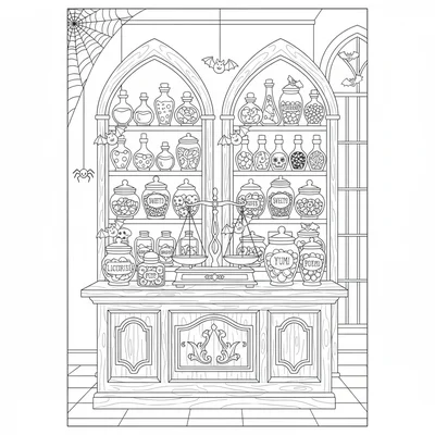 A gothic candy shop interior with shelves of black and purple candy jars, bats coloring page