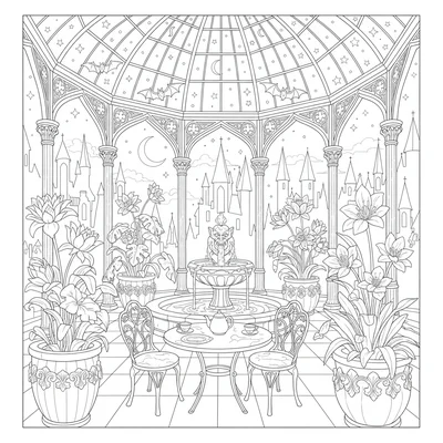 A gothic castle conservatory with iron columns and a domed glass ceiling coloring page
