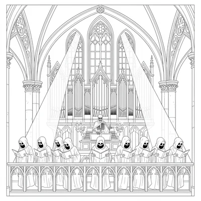 A gothic cathedral choir loft scene, the choir loft coloring page
