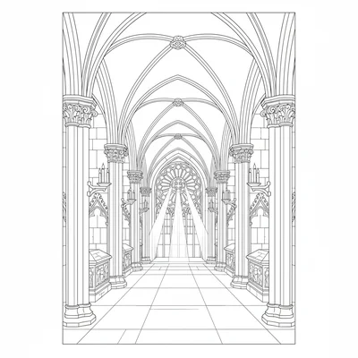 A gothic cathedral crypt interior, a long low vaulted hallway with stone coloring page