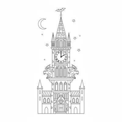 A gothic clock tower with a pointed top, a round clock face showing midnight coloring page