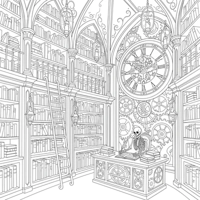 A gothic clockwork library with mechanical brass gears visible behind shelves coloring page
