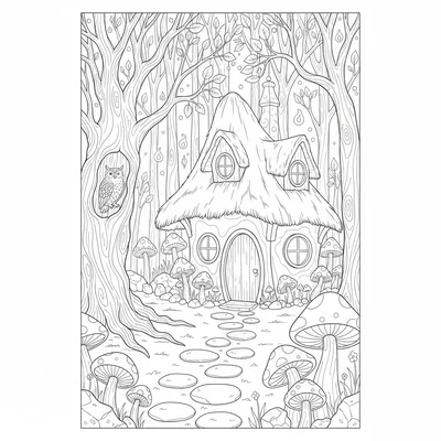 A gothic fairy tale cottage in a dark forest, a small twisted cottage coloring page